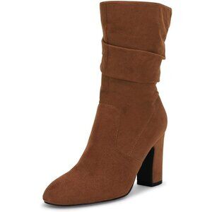 Women's Brown Microfiber Mid Calf High Chunky Heel Block Rounded Toe Booties